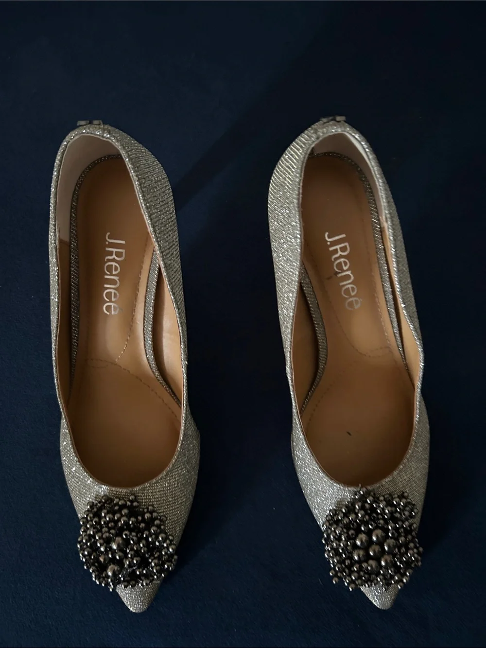 J.Renee Silver Pointed-Toe Heels with Beaded Brooch